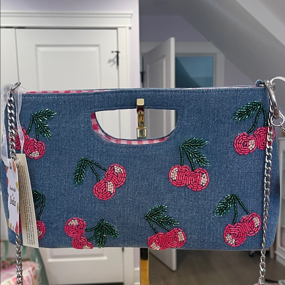 Denim Cherry Embroidered Crossbody Clutch - Pink Cherry NWT